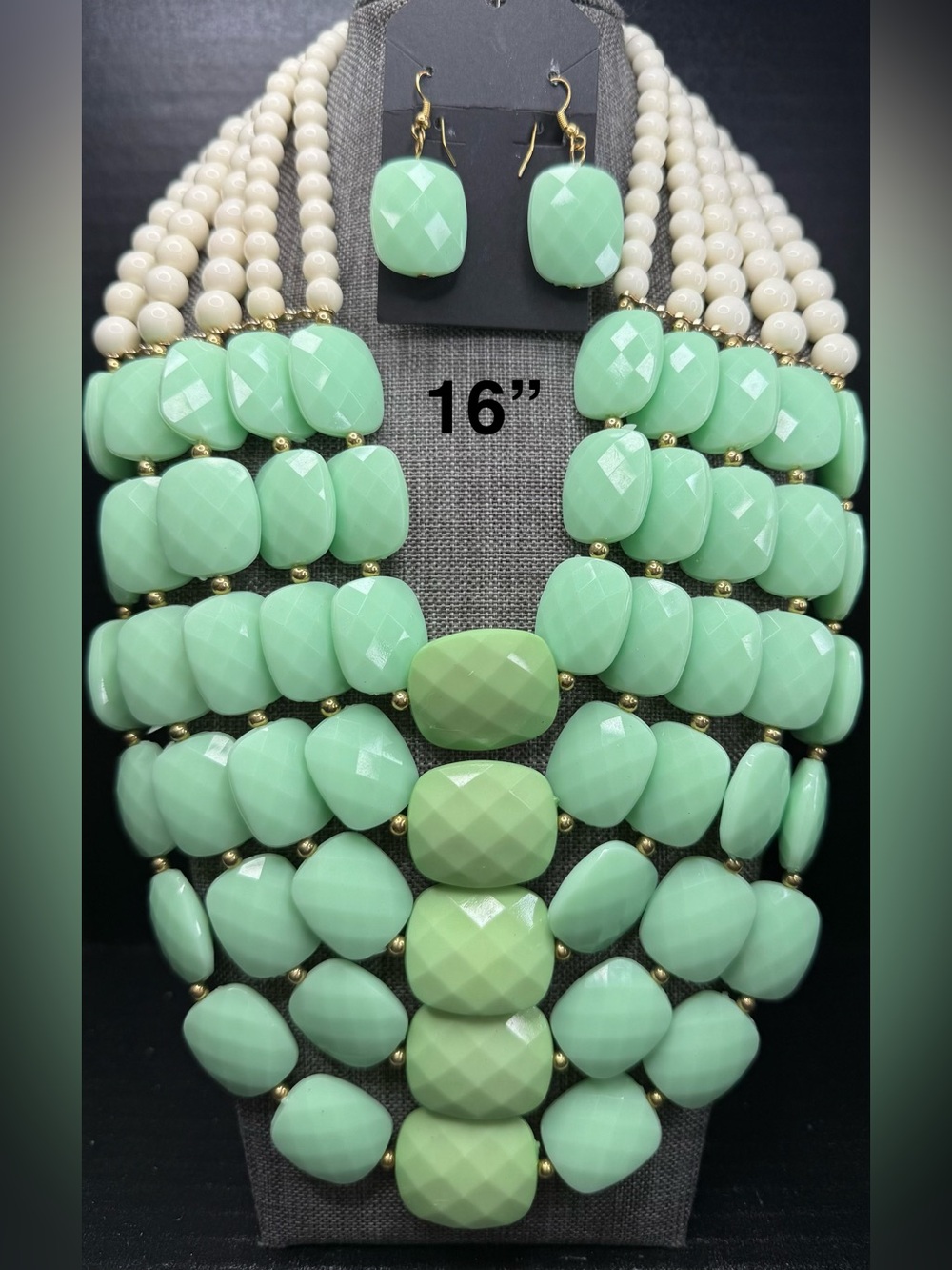 Multi-Strand Mint Green Statement Necklace and Earring Set - Women Jewelry